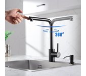 Mezclador de cocina de acero inoxidable negro - grifo monomando giratorio de 360° para fregadero - grifo de cocina de agua fría y caliente con aireado