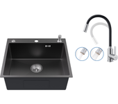 Fregadero cocina 1bac 54*49*20 cm,inox,gris negro,fregadero 1 tanque con dispensador jabón+mezclador cocina negro,grifo de cocina abatible, 2 jets