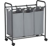 Cesto para ropa sucia con 3 compartimentos y ruedas - carrito de lavandería con asas y bolsa de colada extraíble, gris
