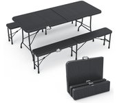 Conjunto mesa y 2 bancos plegables 180 cm aspecto de ratán para picnic camping exterior, negro