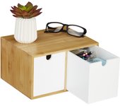 Relaxdays organizador de escritorio, 2 cajones, bambú y mdf, caja organización sobremesa oficina, 14,5x24,5x20cm, blanco