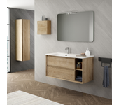 Mueble de baño suspendido con lavabo cerámico | 90 cm | 2 cajones cierre amortiguado y organizador 2 huecos laterales | roble natural
