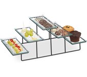 Relaxdays soporte tartas, expositor pasteles, 3 niveles, 5 platos de vidrio, hierro, 17,5x46x24,5 cm, negro/transparente