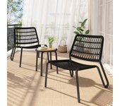 Conjunto de mesa y 2 sillas de jardín - acero galvanizado, cuerda y madera maciza - para terraza, jardín y balcón - negro