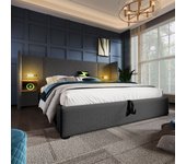 Cama doble tapizada (180 x 200) con cabecero, luz de lectura y cargador usb tipo-c, estructura de madera maciza y metal, gris, lino