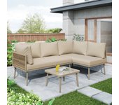 Conjunto de muebles de jardín de hierro, conjunto de muebles de jardín en forma de l con cojines de asiento, 2 sofás y 1 mesa, color caqui