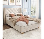 Cama individual tapizada en lino - 90x200 cm - con somier - beige