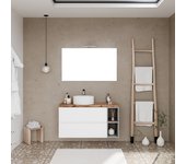 Mueble de baño suspendido blanco 100cm, compartimento abierto gris, encimera de roble y espejo 100x60 | nizza