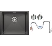 Cecipa max fregadero de cocina fregadero de acero inoxidable de 1 cubeta 50 x 44 cm negro antracita + grifo monomando con ducha extraíble, cepillado