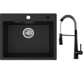 Cecipa max fregadero de cuarzo negro 50x45cm fregadero de 1 seno de cuarzo y resina + mezclador de cocina con resorte y 3 modos de salida de agua