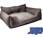 Cama para mascota 75x60x25cm poliester marron y abrigo para mascotas 35cm azul