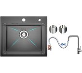 Cecipa max fregadero de cocina 1 seno 50×45×18,5cm fregadero de acero inoxidable negro + grifo monomando con ducha extraíble, cepillado