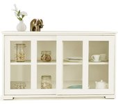 Aparador de cocina bajo con 2 estantes, puerta de cristal deslizante, mueble de almacenamiento para vasos, bahut de cocina, blanco