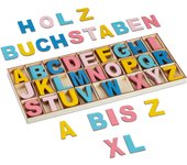 Relaxdays set letras de madera, 208 uds., mayúsculas a-z, hacer manualidades, alfabeto decorativo, con caja, multicolor