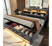 Cama con cabecero y espacio de almacenaje de 180 x 200 cm - tejido de lino - toma usb y tipo c - gris (sin colchón)