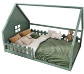 Cama infantil con barandilla, 140 x 200 cm, madera de pino, verde, con barrotes de seguridad