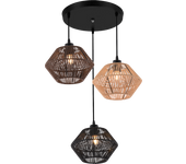 Lámpara colgante de techo de metal negro y 3 tulipas de cuerda color negro, beige y marrón. e27 40w. ref. 2000-3