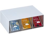Relaxdays caja de té, organizador con 3 compartimentos, plástico, vertical u horizontal, apilable, blanco y transparente