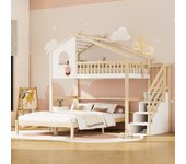 Literas 140 x 200 cm + 90 x 200 cm con 4 cajones y ventana - pino + mdf - madera natural y colores blancos