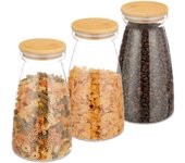 Relaxdays botes cristal con tapa bambú, set de 3, 1400 ml, tarros herméticos, almacenaje alimentos, transparente/natural