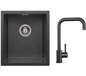 Fregadero de acero inoxidable de 40 x 44 x 19 cm, fregadero de un solo seno, fregadero de cocina negro + grifo mezclador de cocina de inox negro