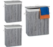 3 cestos ropa sucia con tapa y 2 compartimentos, cubo colada plegable, canasta, bambú, 95 l, gris