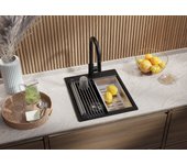 Primagran fregadero cocina negro metallic 43x50cm, fregadero granito 1 seno + sifón + accesorios, fregadero sobre encimera al mueble 45cm - oslo