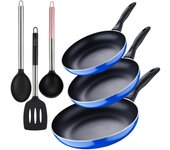 Set 3pc sarten (16+20+24cm) aluminio prensado, inducción, azul navy paradise con set 3pc utensilios de cocina nylon