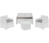 Conjunto como de salón de polipropileno tejido efecto ratán con sofá de 2 plazas, 2 sillones y mesa contenedora blanca