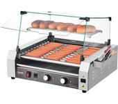 Vevor rodillo para hot-dogs, 11 rodillos, 30 hot-dogs, máquina para asar en acero inoxidable, doble control de temperatura, tapa, caja de almacenaje