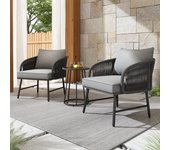 Conjunto de jardín bistró 3 piezas, 2 sillones + mesa de centro, cuerda trenzada, tapa de mesa de cristal, gris