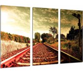 Paisaje vias de tren vintage en otoño, impresión fotográfica sobre madera, cuadro moderno decorativo