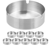 Ceniceros, set de 10, acero inoxidable, exterior/interior, 10cm ø, recipientes tabaco con portacigarrillos, plateado