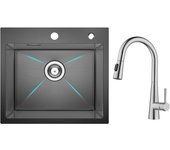 Cecipa max fregadero de inox fregadero de 1 seno 50×45 cm fregadero nanómetro negro + grifo con ducha extraíble,3 modos de salida de agua, cepillado