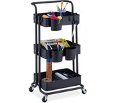 Relaxdays carrito auxiliar, 3 niveles, 2 frenos, multiusos para cocina y oficina, camarera 86x38x39 cm, metal, negro