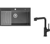 Auralum max fregadero cocina 1 bandeja 75 x 45 cm,fregadero inox negro con escurridor plegable+grifero de cocina negro con ducha extragible,dos jets
