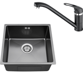 Fregadero empotrado 44x44x20cmcm fregadero de cocina 1 bandeja acero inoxidable, negro+grifo cocina,orientable 360°,agua caliente/fría,negro