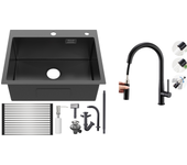 Fregadero cocina1bac 58*45*18cm,con escurridor fregadero enrollable/distribuidor jabón+grifero cocina conducha extraíble 2 modos jets, negro