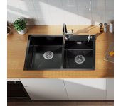 Auralum fregadero cocina 75x45x19cm,acero inoxidable fregadero doble bandeja con 2 agujeros de montaje/con dispensador jabón lavabo cocina kit,negro