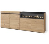 Amueblate online, aparadores para salón, gran capacidad de almacenaje, 200x75x35cm, 4 puertas, chimenea eléctrica, roble y negro
