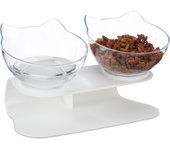 Relaxdays comedero doble para gatos, 2 platos, 500ml, 16x27,5x13,5 cm, set de bebederos elevados, blanco/transparente
