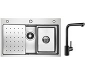 Fregadero de 1 lavabo, fregadero de acero inoxidable plateado de 70×45 cm con escurridor, lavabo, dispensador de jabón + mezclador de fregadero negro