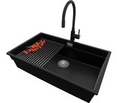 Primagran fregadero granito negro 76x47cm, fregadero cocina 1 seno + sifón + accesorios, fregadero sobre encimera al mueble 80cm - prague slim