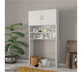 Mueble para lavadora con puertas y estantes blancos.