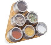 Relaxdays estantería para especias, seis recipientes, dosificadores, magnético, acero inoxidable & bambú, 1 ud., marrón