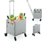Relaxdays carrito de compra plegable, carro con ruedas giratorias, para 35 kg, caja con mango telescópico y tapa, gris