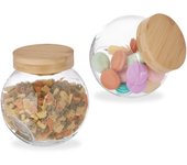 Relaxdays botes cristal tapa de bambú, set de 2, tarros almacenaje, para mesas de chuches, 1,5 l, transparente/natural