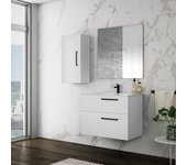 Mueble de baño suspendido con tapa y lavabo cerámico y espejo | 90 cm | 2 cajones con cierre amortiguado y organizador | blanco polar mate
