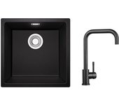 Fregadero de un seno de cuarzo y resina, 3 opciones de montaje, 45*44*20cm + grifo mezclador de cocina de acero inoxidable negro