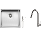 Fregadero de cocina inox 1 bandeja 50*43*18cm con dispensador de jabón+grifo cocina ducha extraíble gris oscuro rotativo 360 °